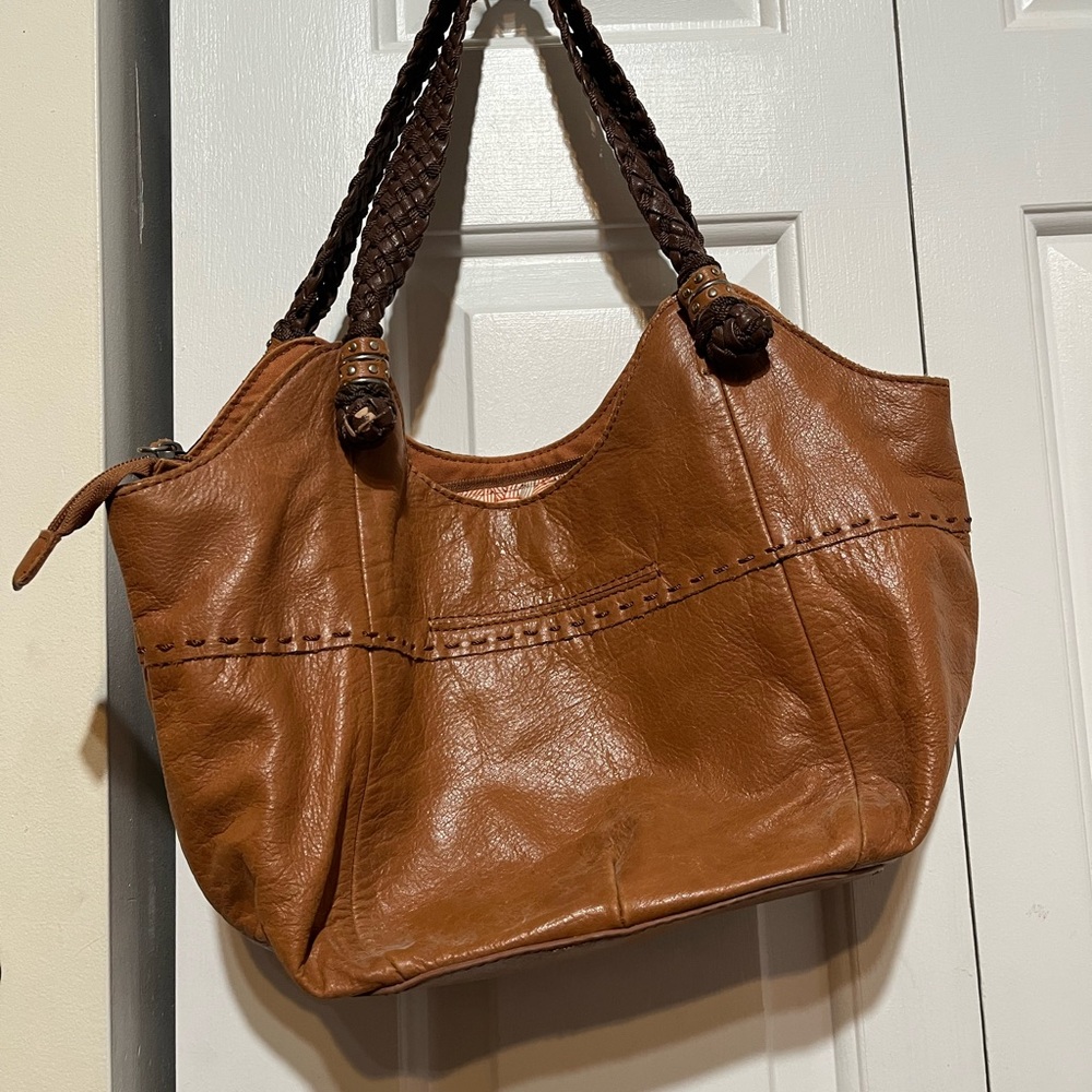 The Sak Brown Leather Shoulder Bag with Pink & Cream Embroidered Trim - Picture 8 of 15
